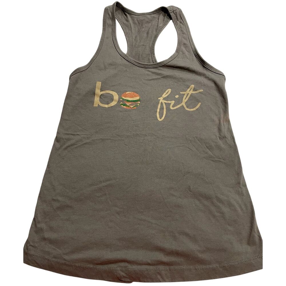 Be Fit Beef It Tank Top Women's Size Medium Emily Burger Racerback Taupe Novelty
